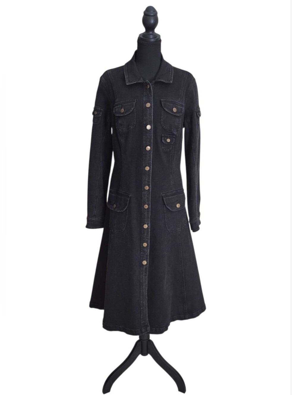 Vintage Betsey Johnson Black Denim Trench Coat Sz 10 Y2K Whimsigoth Grunge Goth